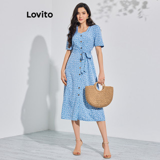 Đầm Lovito phối thắt lưng cài nút trước họa tiết hoa nhí boho cho nữ LBL08171
