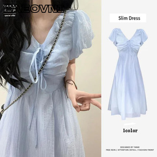 EAEOVNI Chic váy nữ Đầm Body Cho thời váy Casual Vintage Đơn giản chiffon Tay Phồng Màu Xanh