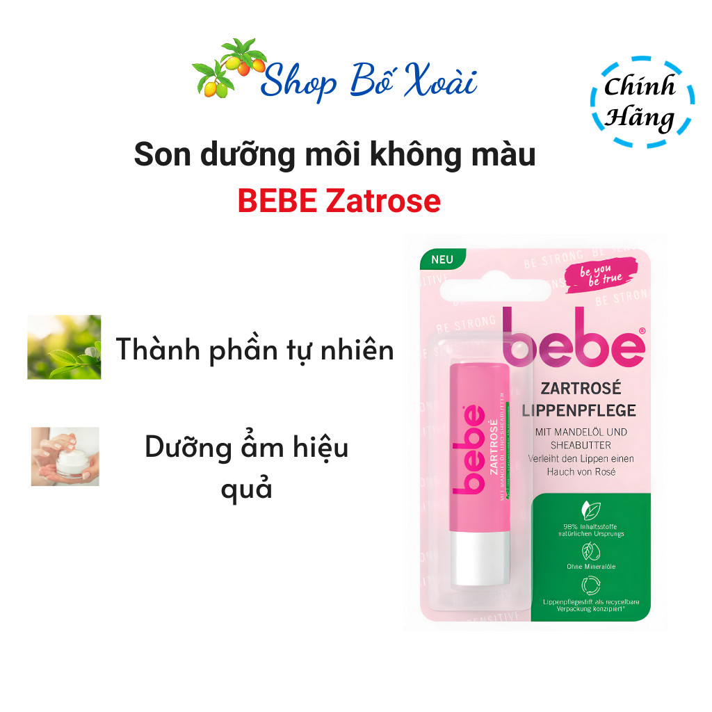 Son dưỡng không màu dưỡng ẩm môi Bebe Zart Rose,giúp mềm mại, căng mọng môi, thỏi 4,9g