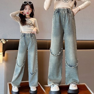  Quần ống rộng cho bé gái Quần áo mùa xuân thu cỡ trung bình Quần jean thẳng cho trẻ em phiên bản Hàn Quốc Thời trang Trẻ em Quần mùa thu thông thường