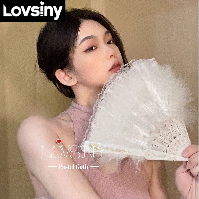 Quạt Xếp Phối Ren Lông Vũ 5 Màu Tùy Chọn Dùng Hóa Trang