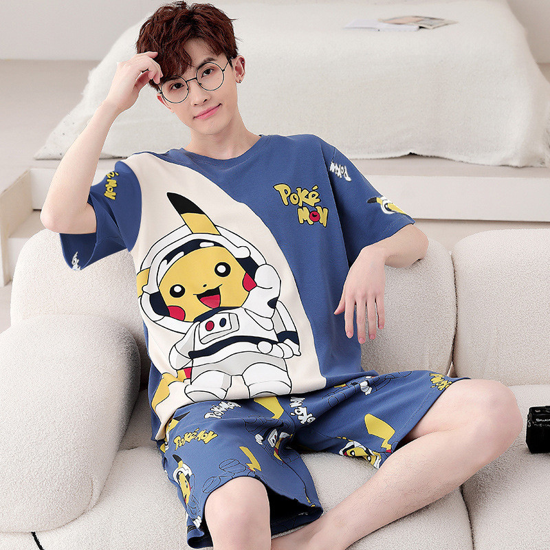 Bộ đồ ngủ mùa hè 2025 dành cho nam, bộ đồ thể thao ngắn tay rộng rãi ở nhà dành cho giới trẻ, cỡ lớn, có thể mặc bên ngoài