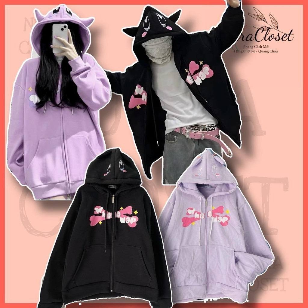 Áo khoác nỉ ngoại có nón dây kéo whoowap có tai unisex nam nữ
