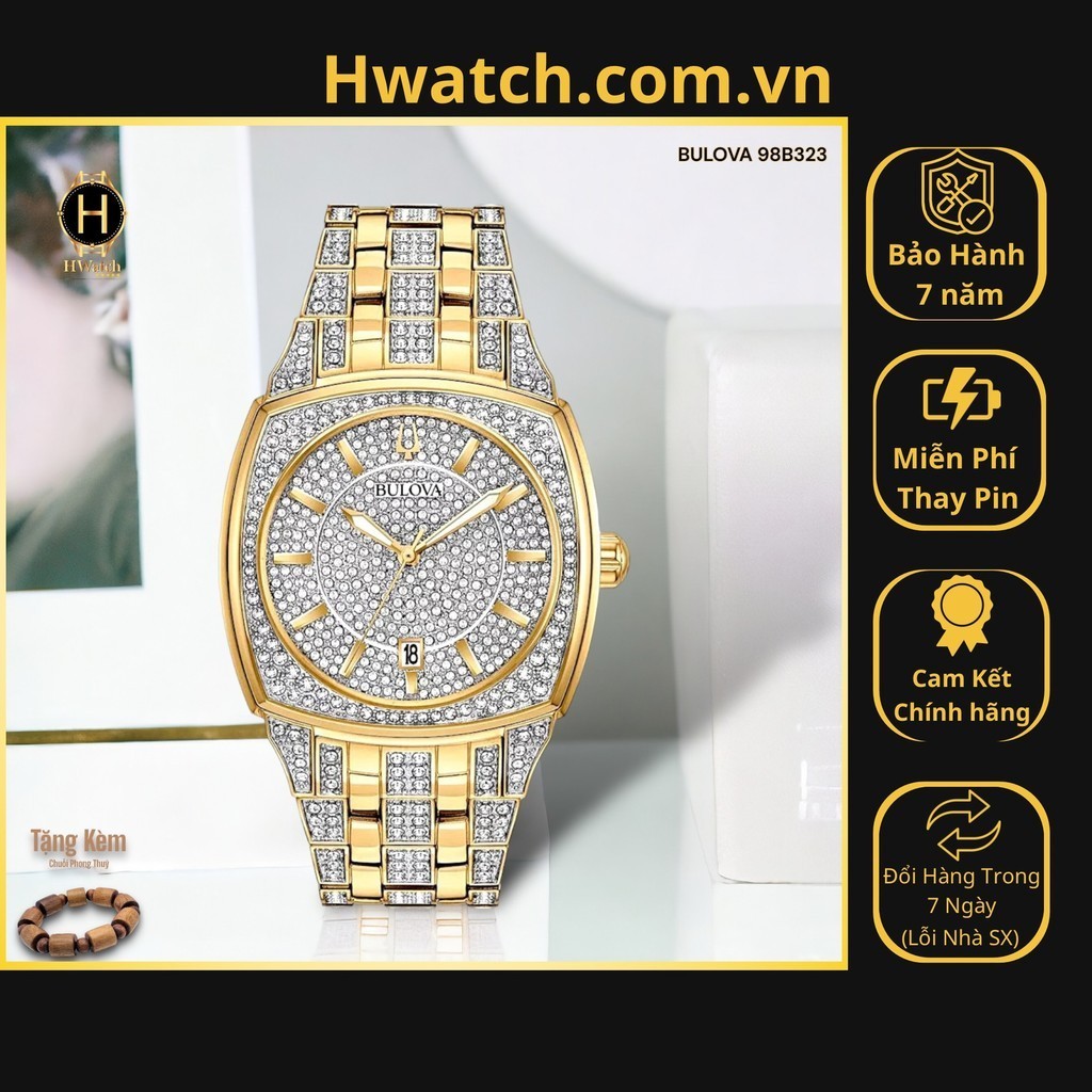 [Có sẵn] [Chính hãng] Đồng Hồ Nam Bulova Pin 98B323 Dây Thép Vỏ Vàng Mặt Vuông Đinh Đá Swarovski Hwa