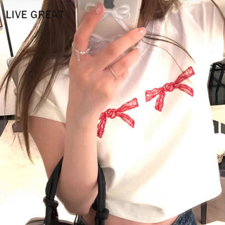 Live GREAT Áo thun nữ đơn giản nơ Hàn Quốc phong cách đại học Áo thun cotton nguyên chất