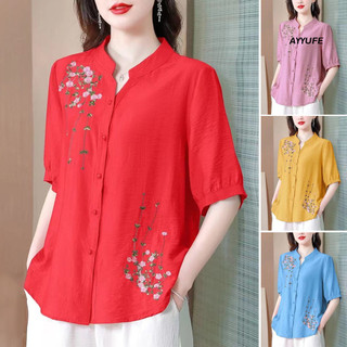 Ayyufe nữ mùa xuân mùa hè áo sơ mi đứng cổ tay ngắn thêu họa tiết hoa áo sơ mi đơn ngực rời phù hợp với áo sơ mi