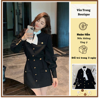T37 Váy nơ cổ khuy đồng sang chảnh chuẩn hàng thiết kế loại 1 chất đẹp (có ảnh sàn)
