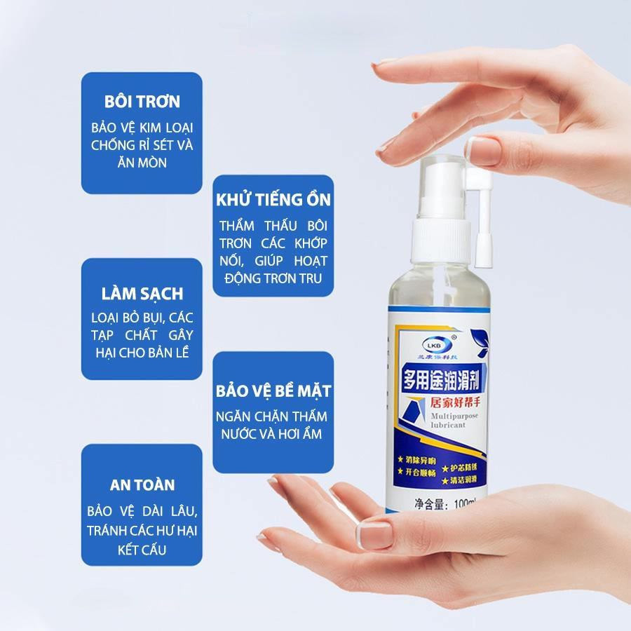 Chai Xịt Dầu Bôi Trơn Đa Năng LKB 100ml - Giảm tiếng ồn, ngăn chặn rỉ sét cửa, ổ khóa, bánh xe, ray trượt, khớp nối