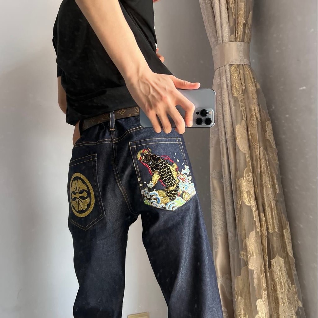 V5N7 EVISU 2024New Fashion Brand Retro Blue Straight Jeans for Men and Women