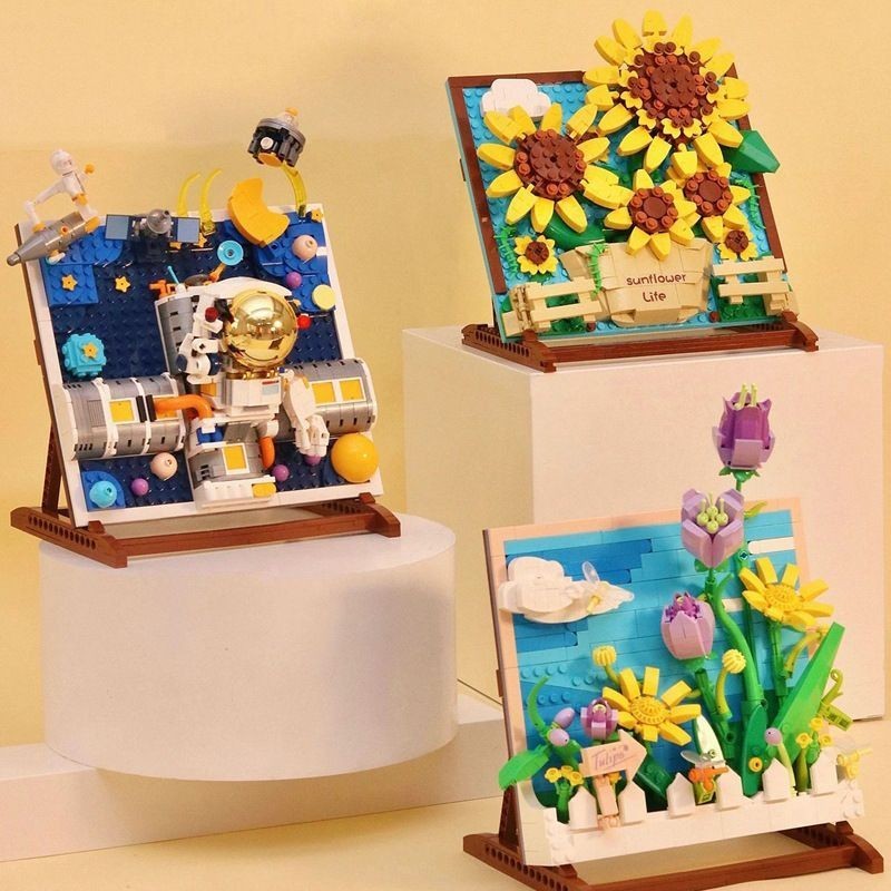 Tương thích với Lego Khung Ảnh Hướng Dương Van Gogh Star Moon Night Tranh Ba Chiều Bó Hoa Phi Hành Gia Trẻ Em Lắp Ráp Khối Xây Dựng Đồ Chơi Hoạt Hình