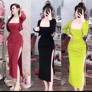 Sét đầm ống cúp ᵰgực ôm body xẻ tà kèm áo khoác trơn cực xᶖnh , chất thun gân dày dặn