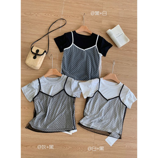 Áo thun nữ hàng đầu phiên bản Hàn Quốc Phối cảnh ngọt ngào Sling chấm bi Áo Vest ren hàng đầu dành cho nữ Áo thun ngắn tay xếp lớp mùa hè
