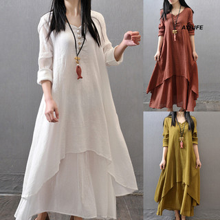 Ayyufe Nữ Vải Lanh Cotton Bất Đối Xứng Nút Xoay Lớn Rời Dài Tay Đầm Maxi