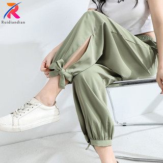 Ruidiandian Ice Silk Sweatpants cho Nữ Mỏng Mùa Hè Mới Baggy Thời Trang Oversize Thể Thao Crop Quần Đen Quần Jogger Nữ Dạo Phố S M L XL 2XL 3XL