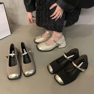 Giày cao gót mary jane nữ mũi tròn pu bơm cao su giữa gót giày đơn