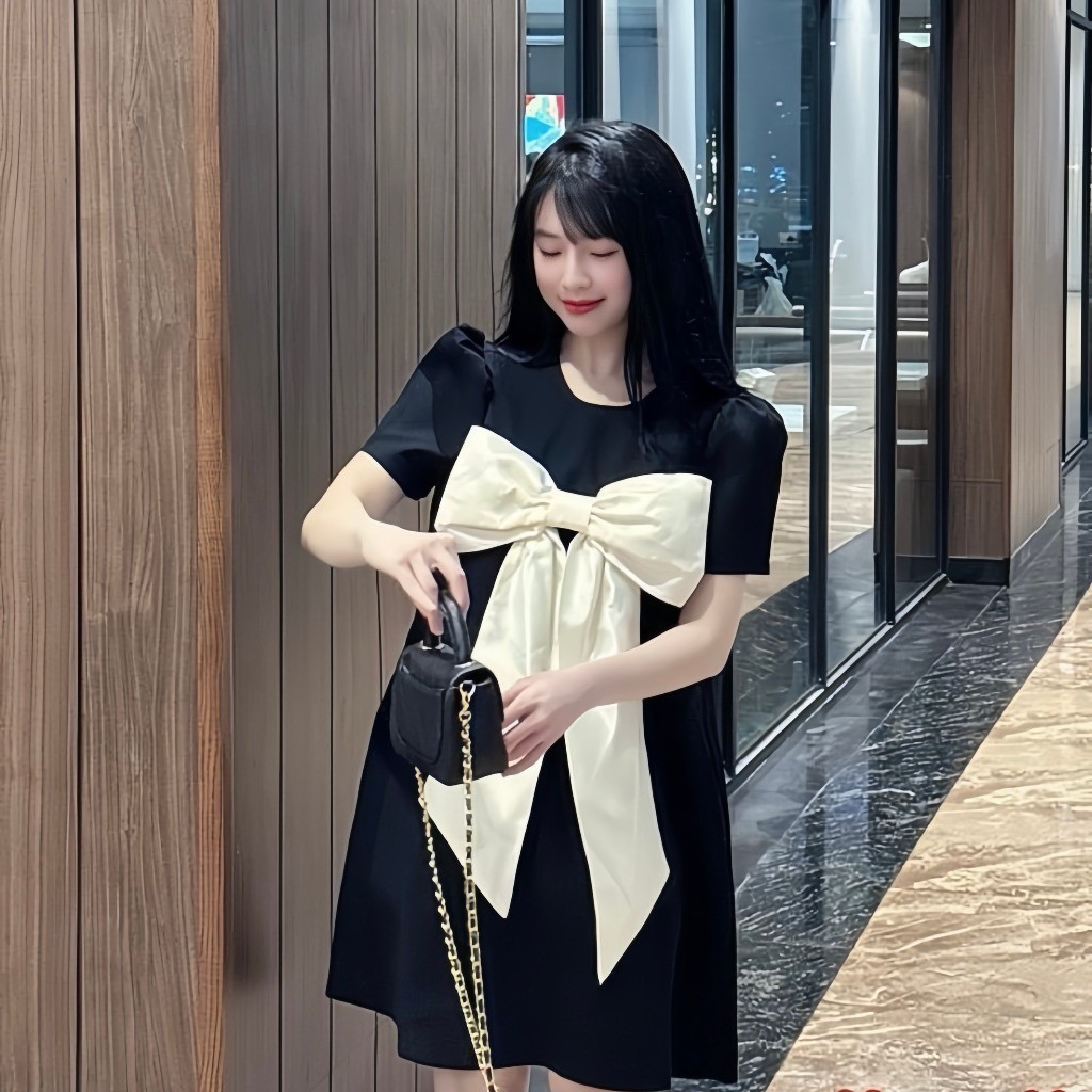 Váy Suông đen đính Nơ Tay Bồng Xoè Chữ A Dễ Thương, Đầm Dự Tiệc Sang Chảnh Chất Thô Mềm đi Chơi đám 