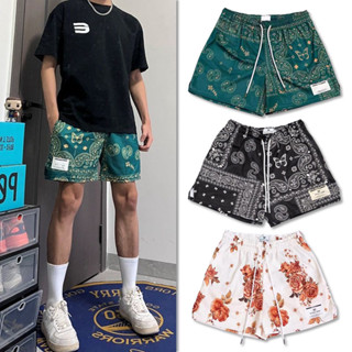 Quần Short Bóng Rổ Nam Mỹ Xu Hướng Đường Phố Vintage Hạt Điều Xanh In Hoa Đường Phố Bóng Rổ Quần Short Lưới Trên Đầu Gối Hip Hop Mùa Hè Nhanh Khô Rời Bóng Rổ Quần Ngắn