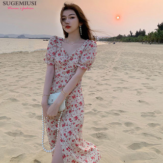 Sugemiusi [Nút gốc] Đầm voan xẻ hoa nữ hẹp kiểu Pháp cổ điển đi biển mùa hè