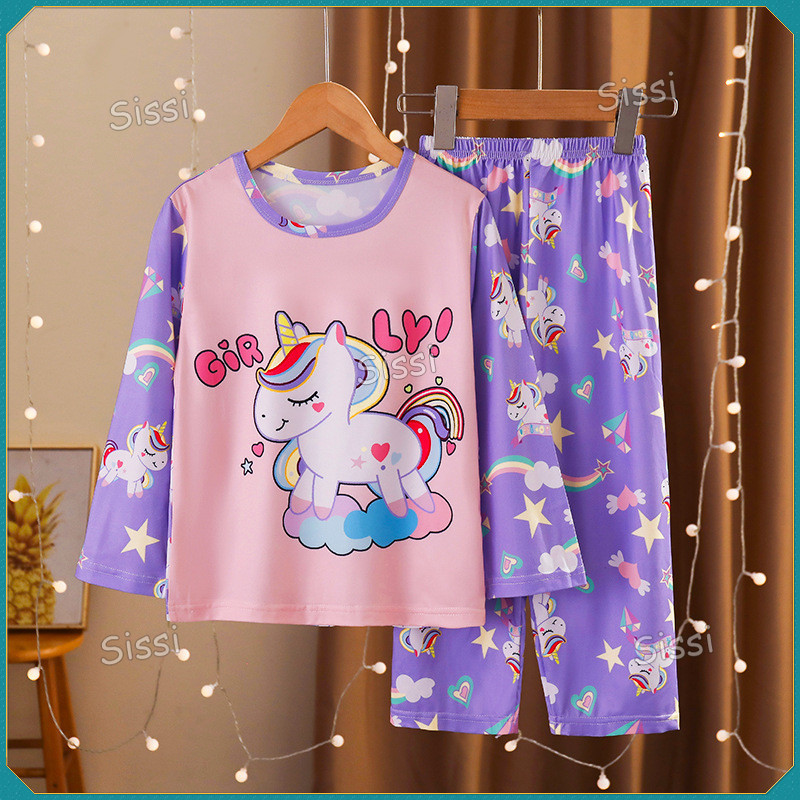 Dễ Thương Kuromi Melody Cinnamoroll Hello Kitty Pyjama Bộ Đồ Ngủ Trẻ Em Cho Bé Gái Satin Lụa Cổ Tròn Váy Ngủ Hoạt Hình In Hình Cầu Vồng Kỳ Lân Đồ Ngủ Trẻ Em Bộ Đồ Ngủ