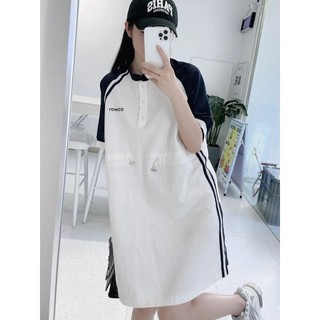 [Plus Size] (40 ~ 150kg) Khâu màu sắc tương phản Váy thể thao dáng rộng eo hẹp che thịt Ôm hơn Váy mùa hè 8LW6