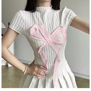 Kliou Mùa Hè 2024 Mới Ngọt Ngào Và Cay Retro Tuổi Giảm Tương Phản Nơ Áo Thun Nữ Slim Fit Đa Năng Nửa Cổ Cao