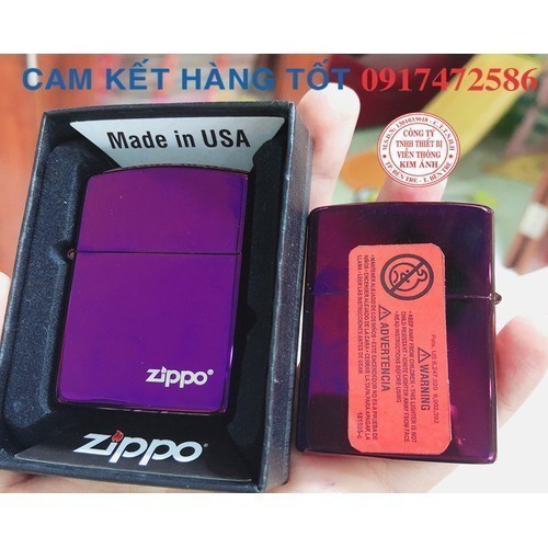 Vỏ Zippo sưu tầm Màu Tím loại trơn bóng, Hàng cao cấp vỏ bằng đồng có tem đỏ