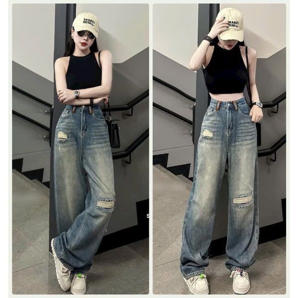 Quần jeans ống rộng nữ MIAA Wash bụi màu xanh cá tính , quần bò ống suông phong cách Ulzzang Hàn Quố