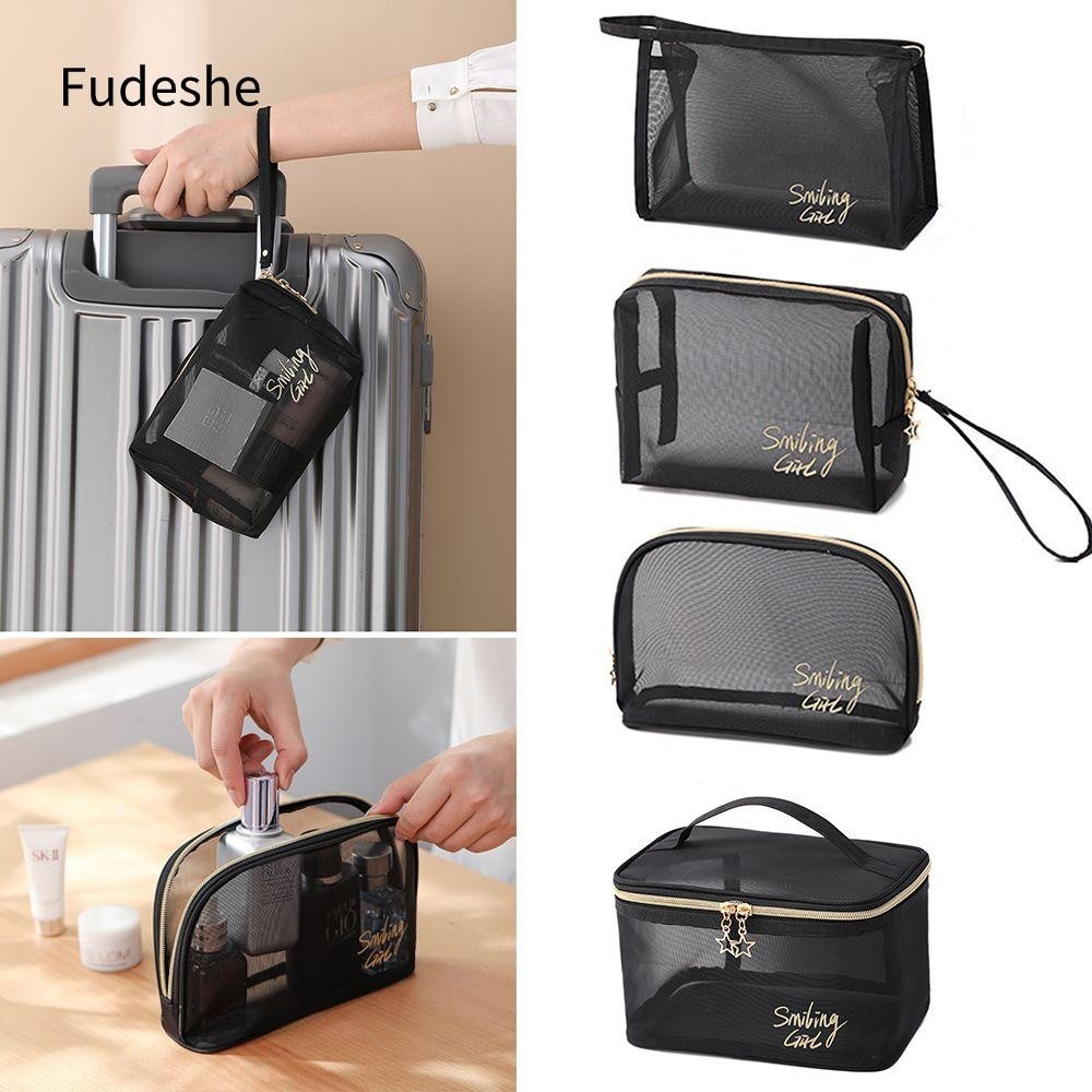 Fudeshe 1/5Pcs Black Mesh Cosmetic Bag Transparent Travel Storage Case Makeup Pouch Women NEW Portable Large Capacity Toiletry Organizer