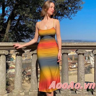 Aooao-nữ Hoàng Hôn Cà Vạt Nhuộm In Đầm Maxi Bohemian Đi Biển Ngày Lễ Spaghetti Dây Đeo Slim Fit Dài Sundress