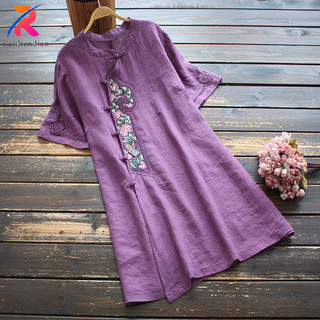 Ruidiandian Mới Thêu Cotton Và Vải Lanh Đầm Nữ Mùa Hè Mới Phong Cách Dân Tộc Khóa Đĩa Ba Phần Tư Tay Sườn Xám Trung Quốc Đầm Nữ