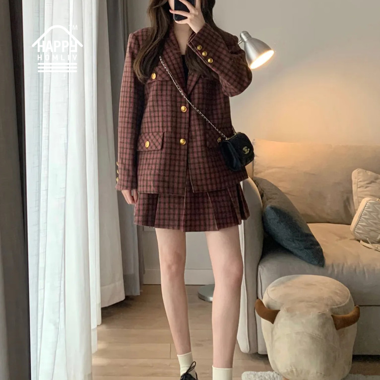 HAPPY HOMLIV Bộ Áo Khoác Vest + Chân Váy Xếp Ly Lưng Cao Phong Cách Preppy Cổ Điển Thời Trang Cho Nữ