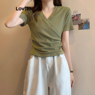 Lovito Áo thun xếp nếp trơn đơn giản cho nữ LNE38451 (Màu xanh đen)