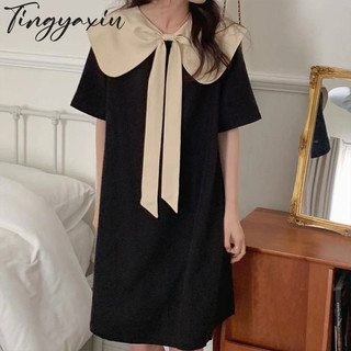 Tingyaxiu Váy nữ phong cách Hàn Quốc váy nơ lớn giảm béo màu tương phản váy cổ búp bê