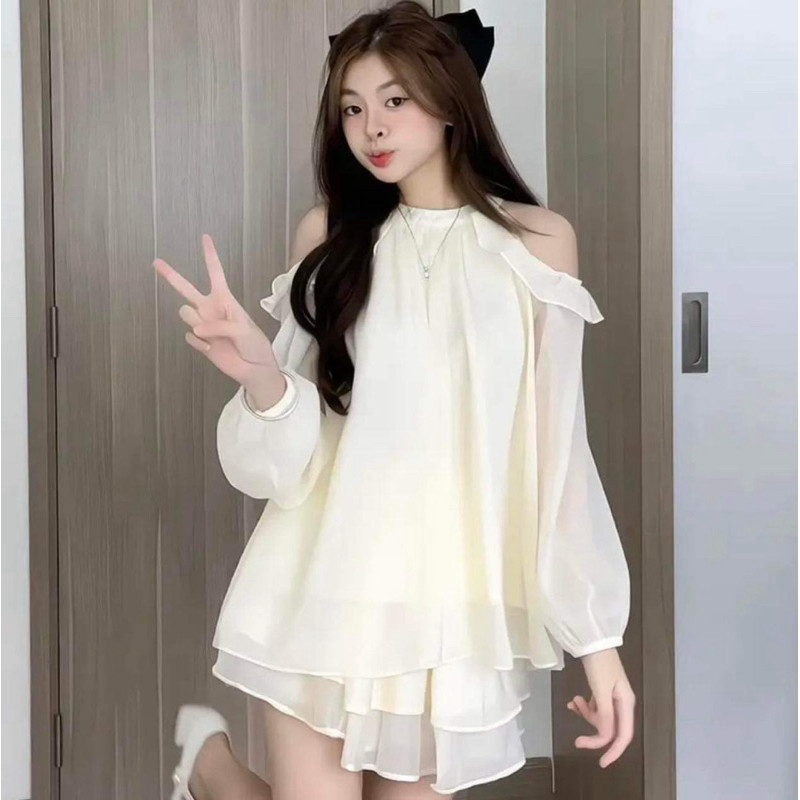 Sét áo Babydoll Cổ Yếm Khoét Vai Tay Bồng Kèm Quần Short Chất Voan Tơ 2 Lớp, Áo Nữ Kiểu Trễ Vai Tiểu