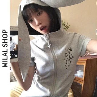 Áo hoodie màu xám ngắn tay có khóa kéo tai thỏ dành cho nữ