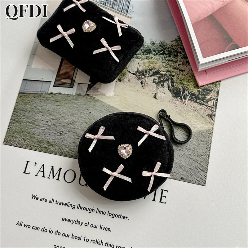 QFDI Trái tim nữ tính phong cách múa ba lê nơ tình yêu kim cương ví đựng tiền xu tròn túi vuông nhỏ túi đựng thẻ tai nghe di động