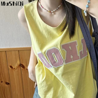 Áo vest nữ Áo vest thể thao màu vàng Thiết kế tương phản chữ màu hồng Áo không tay dáng rộng