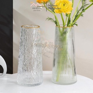 Bình hoa lọ hoa Thủy Tinh cổ Viền Vàng Grand Haven Thiết kế sọc, gợn sóng cắm hoa tươi sang trọng để bàn decor nội thất