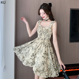 Váy voan kiểu Pháp Váy nữ Váy ngắn eo hẹp Váy ngắn buộc ren hoa Váy buộc dây thuần khiết Desire Váy ngắn gợi cảm