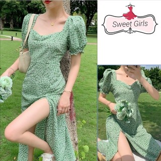 elise Đầm hoa cổ vuông mùa hè phong cách Hàn Quốc Đầm dài tay phồng xẻ tà
