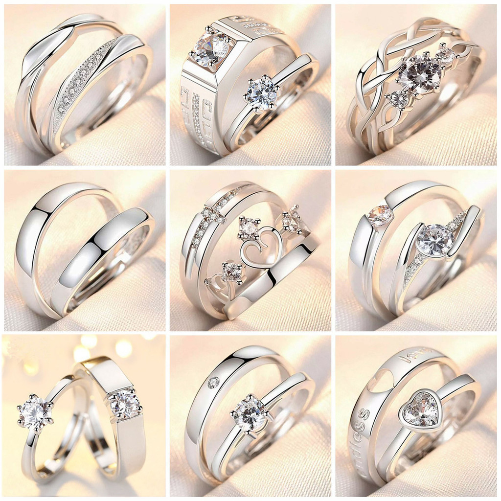 【BÁN BUÔN】2 Cái / bộ Cặp Đôi Nhẫn Kim Cương Bạc Sterling Người Yêu Nhẫn Nhẫn Cưới Quà Tặng Tình Yêu 
