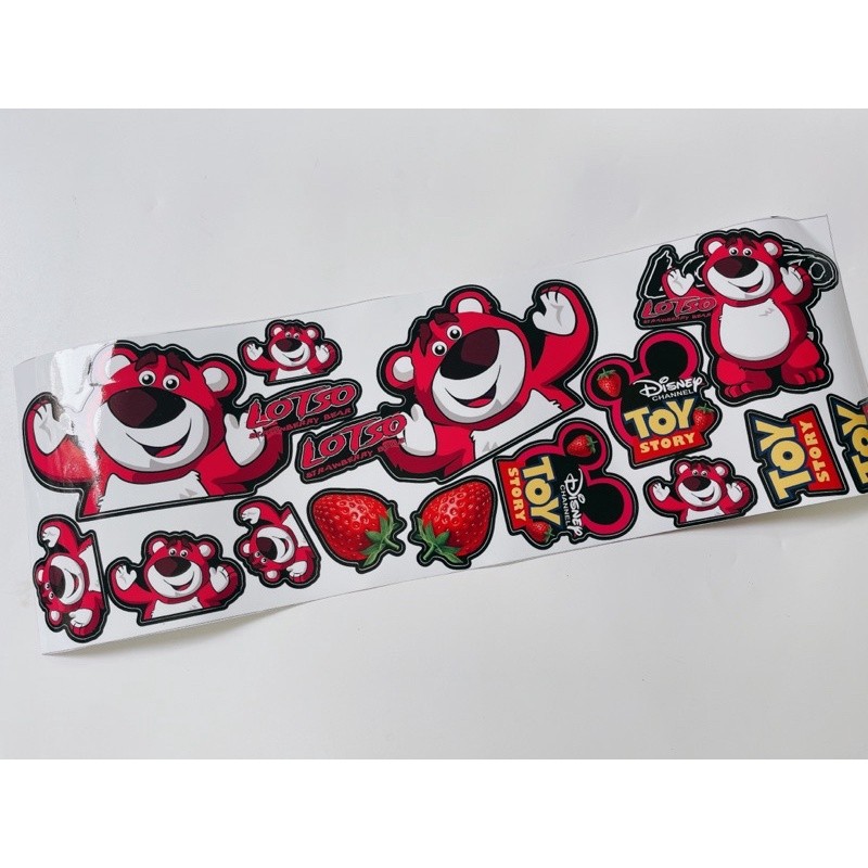 Set tem gấu dâu 14 logo lớn nhỏ, tem gấu hồng Lotso Disney có sẵn keo dán