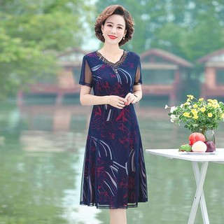 Váy mùa hè Mẹ quý phái trẻ 40502023Váy ngắn tay cổ nữ trung niên Váy người cao tuổi phong cách mới I