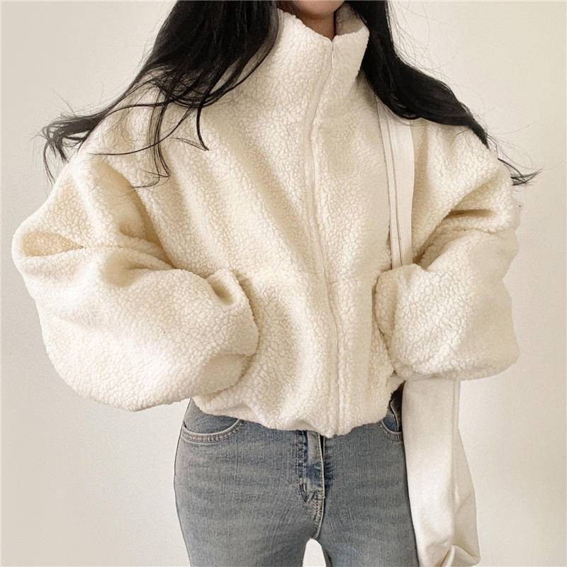 Phiên Bản Hàn Quốc Áo Cardigan Ngắn Màu Trơn Dây Kéo Dày Áo Khoác Nữ