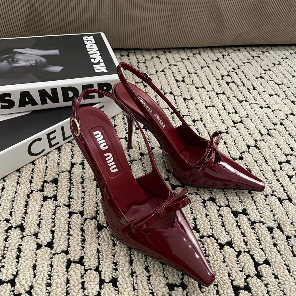 Giày Cao Gót 2024 Phong Cách Mới Bằng Sáng Chế Da Giày Sandal Mũi Nhọn Nơ Ngón Chân Một Từ Giày Thời Trang Nữ