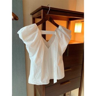 Pháp Cổ Chữ V Rời Tay Phồng Áo Sơ Mi Trắng Nữ Mùa Hè Phong Cách Mới Sang Trọng Ngắn Phong Cách Đẹp Bay Tay Áo
