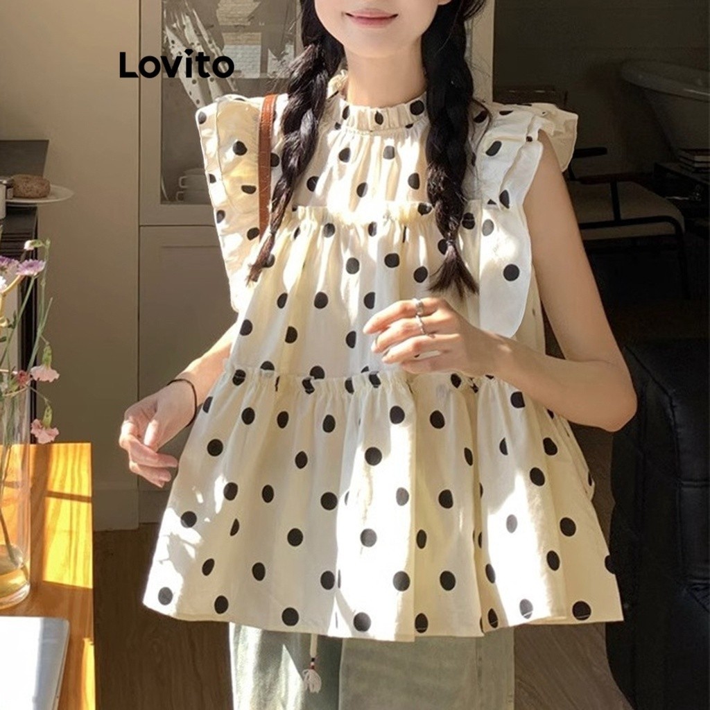 Lovito Áo Sơ Mi Ruffle Chấm Bi Thường Ngày Cho Nữ LNE27281 (Quả mơ)