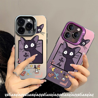 Ốp lưng mèo đen mắt to hoạt hình Graffiti Tương thích cho IPhone 11 15 12 14 13 Pro Max 7Plus XR XS XMax 8 7 Plus SE 2020 Cặp đôi Thương hiệu hợp thời trang Vỏ ống kính kim loại mạ sang trọng