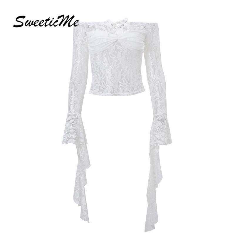 Áo thun nữ SweeticMe 2024 ren thời trang mới xuyên thấu Áo thun trễ vai dài tay