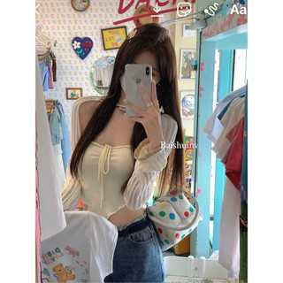 Áo coquette tay dài Áo ôm body Phụ Nữ Mùa Hè Người Yêu Nơ Áo Treo Nữ Bên Trong Không Đều Áo Ngắn